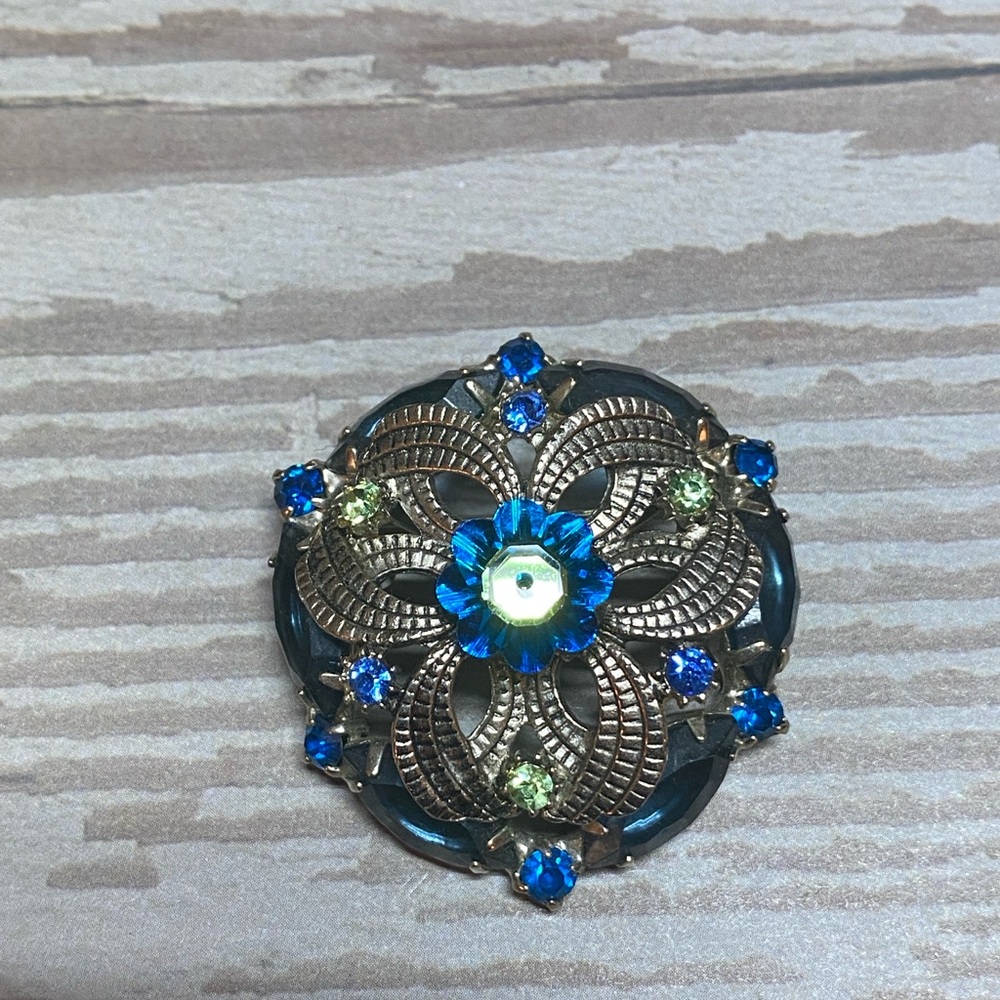 Vintage rivoli blue green silver Brooch pin